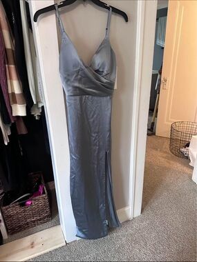 Revelry Silver Satin V-Neck Maxi Slip Dress